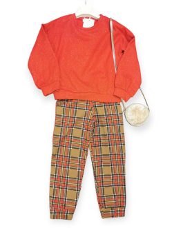 Pantalone bambina felpato con fantasia quadri